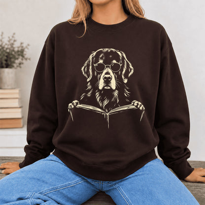 Golden Retriever Reading Book Crewneck Sweatshirt | Reader Gift Dark Chocolate