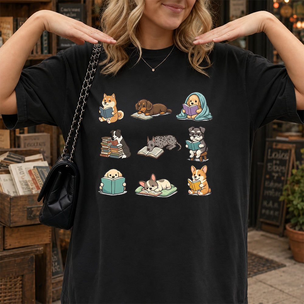 Funny Dogs Reading Softstyle T-Shirt | Book Lover Gift Black