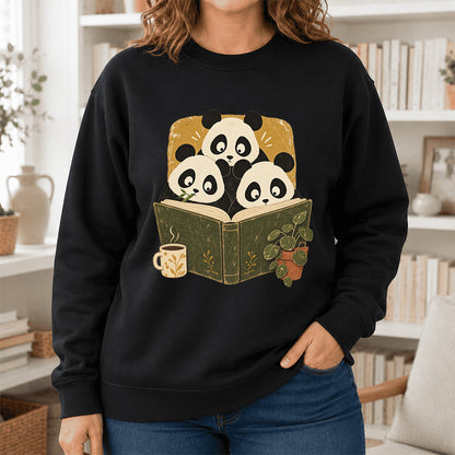 Curious Pandas Reading Crewneck Sweatshirt | Panda Lover & Reader Gift Black