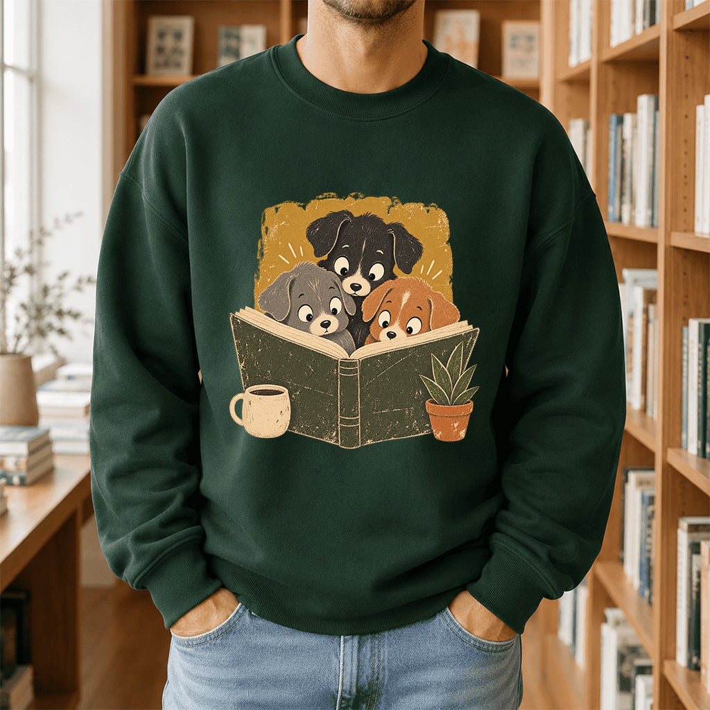 Minimal Japanese Dogs Reading Crewneck Sweatshirt | Reader Gift Forest Green