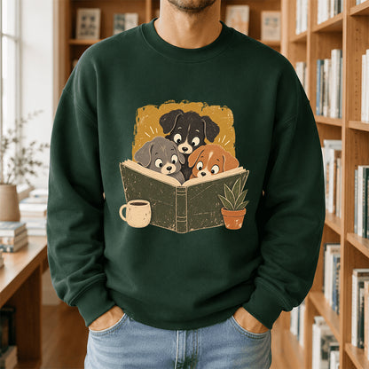 Minimal Japanese Dogs Reading Crewneck Sweatshirt | Reader Gift Forest Green