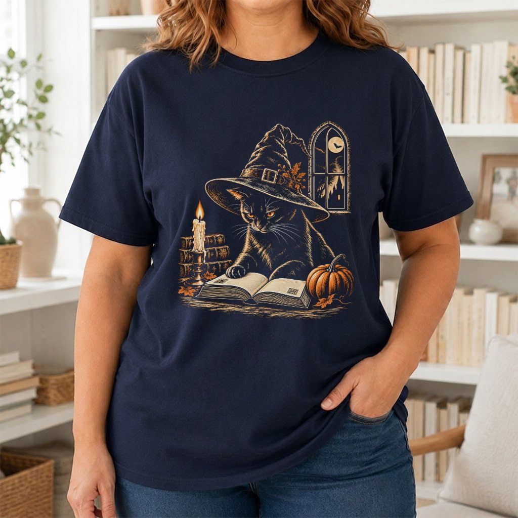 Reading Black Cat Witch Printed T-Shirt | Halloween Book Lover Gift Navy