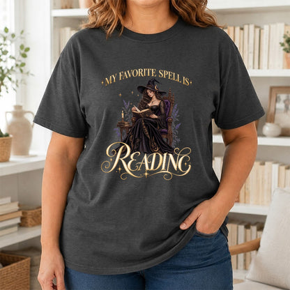My Favorite Spell Is Reading Printed T-Shirt | Halloween Fantasy Book Lover Gift Dark Heather