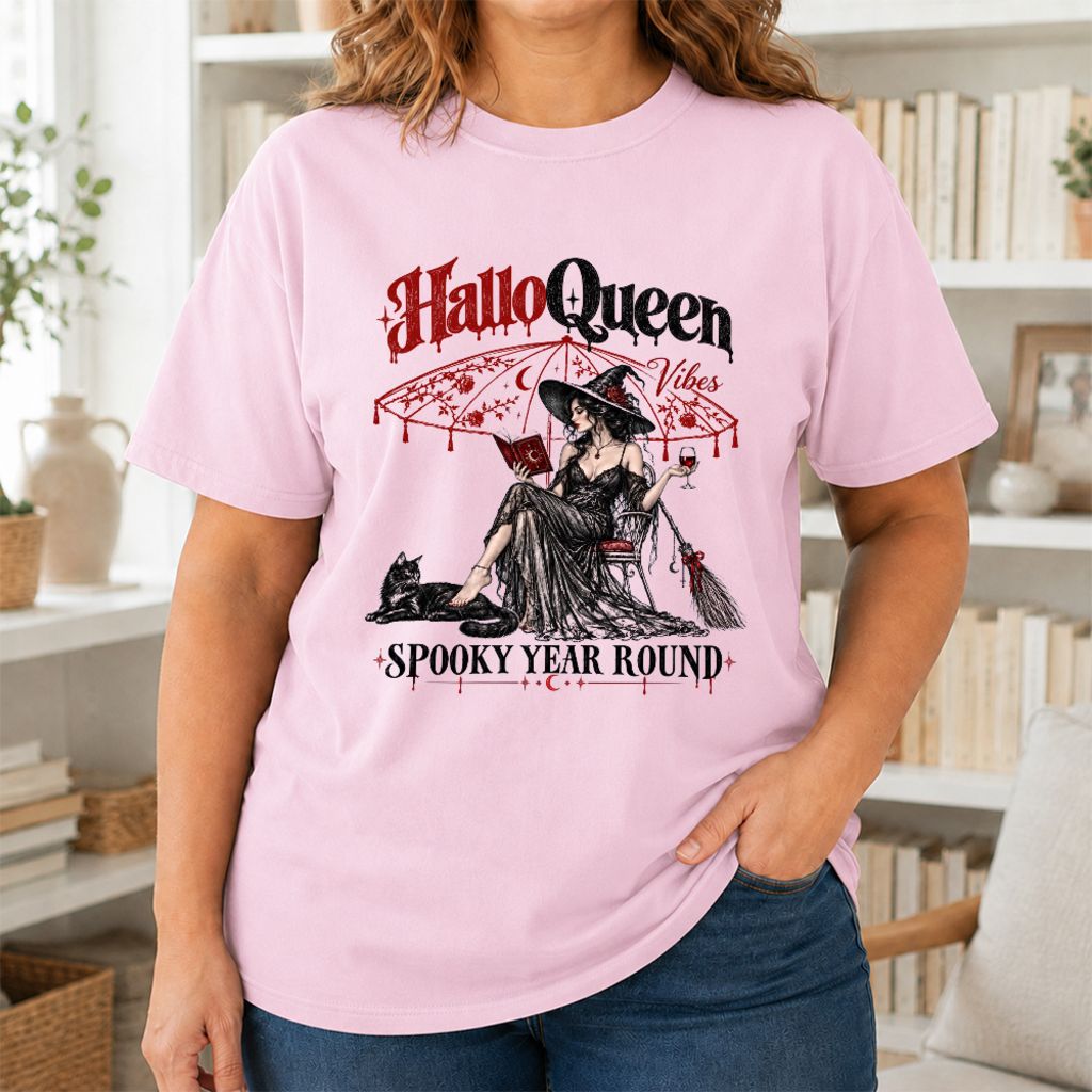 Halloqueen Spooky Year Round Printed T-Shirt | Halloween Book Lover Gift Light Pink