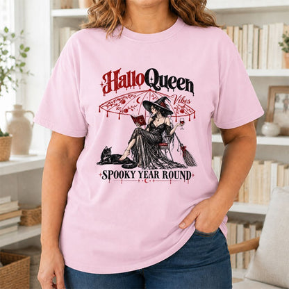 Halloqueen Spooky Year Round Printed T-Shirt | Halloween Book Lover Gift Light Pink