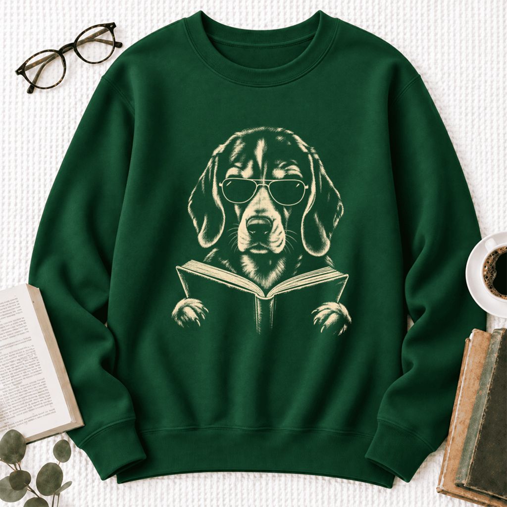 Beagle Reading Book Softstyle Sweatshirt | Dog Mom Reader Gift Forest Green