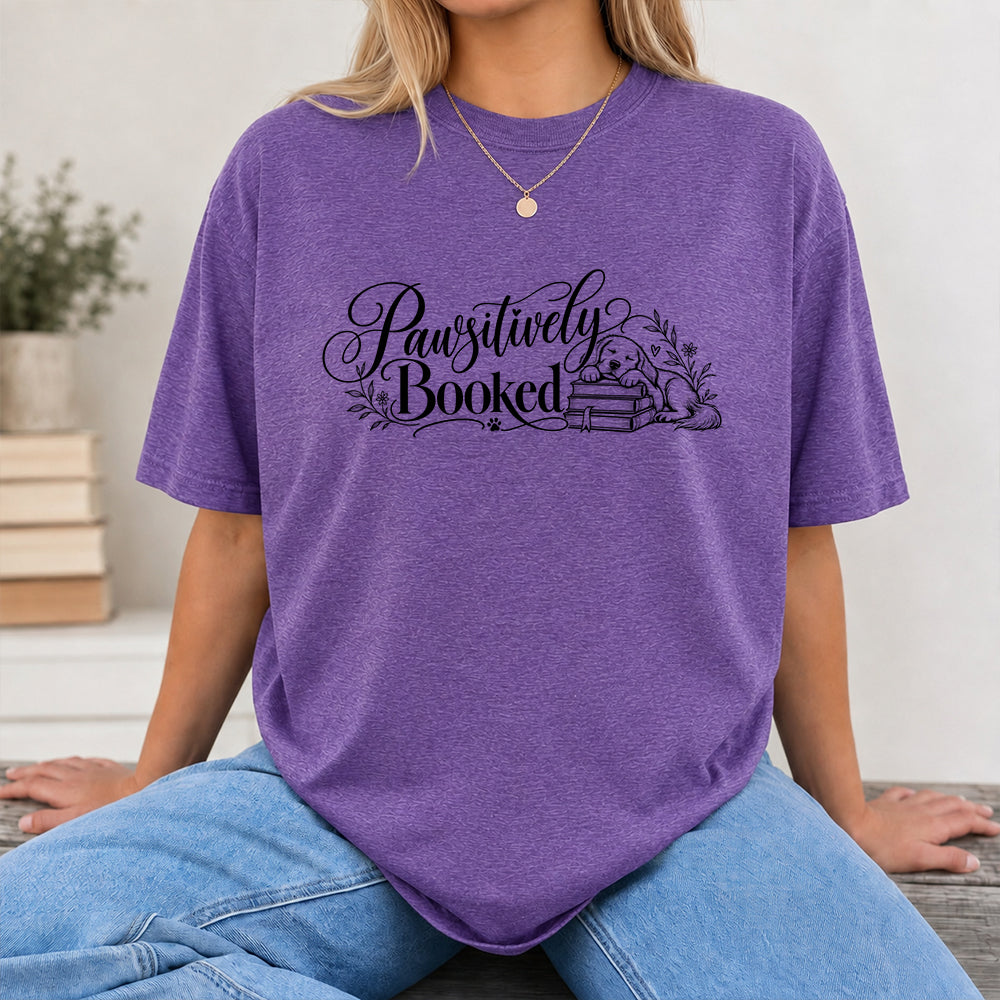Pawsitively Booked Cotton T-Shirt | Dog Lover & Reader Gift Heather Purple