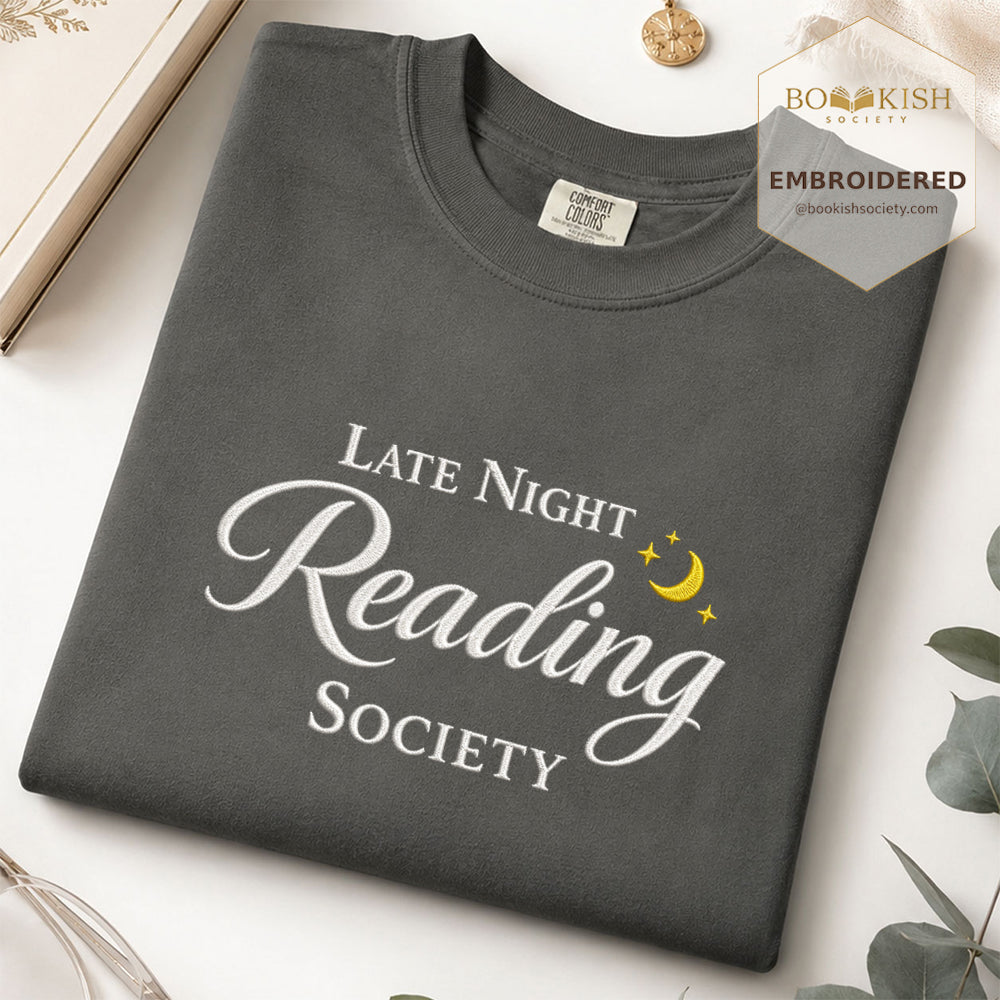 Late Night Reading Society Embroidered Comfort Color® T-shirt | Book Lover Gift Pepper