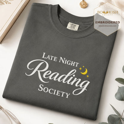 Late Night Reading Society Embroidered Comfort Color® T-shirt | Book Lover Gift Pepper