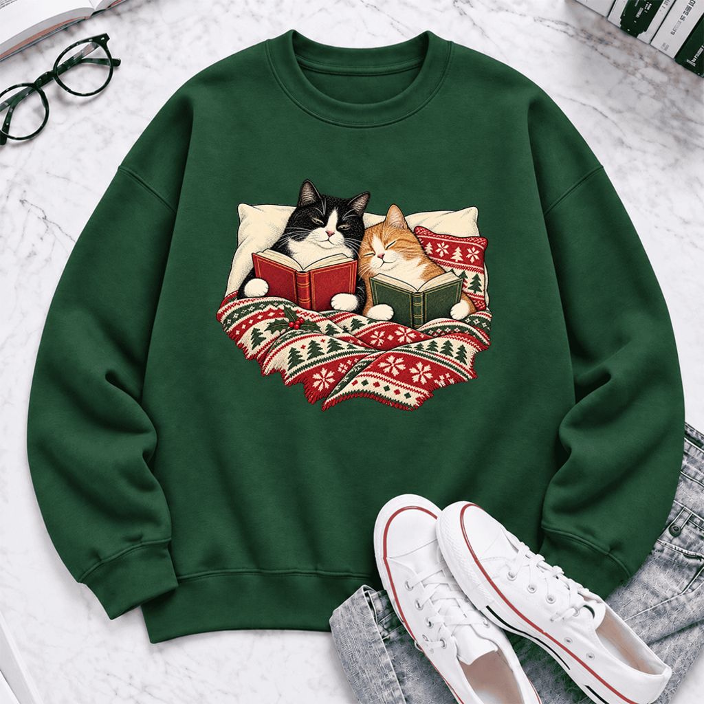 Christmas Reading Cat Couple Softstyle Sweatshirt | Cozy Christmas Gift Forest Green