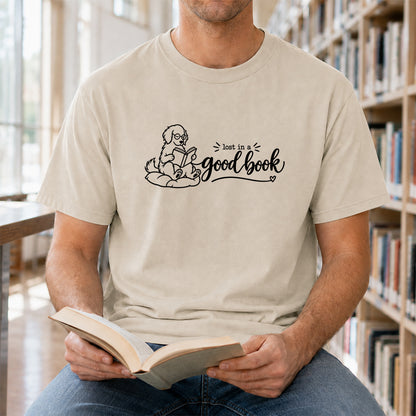 Lost In A Good Book Cotton T-Shirt | Dog & Book Lover Gift Sand