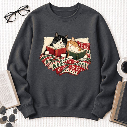 Christmas Reading Cat Couple Softstyle Sweatshirt | Cozy Christmas Gift Dark Heather