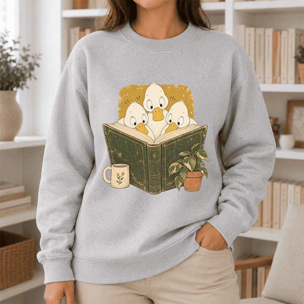 Minimal Japanese Ducks Reading Crewneck Sweatshirt | Reader Gift Sport Grey