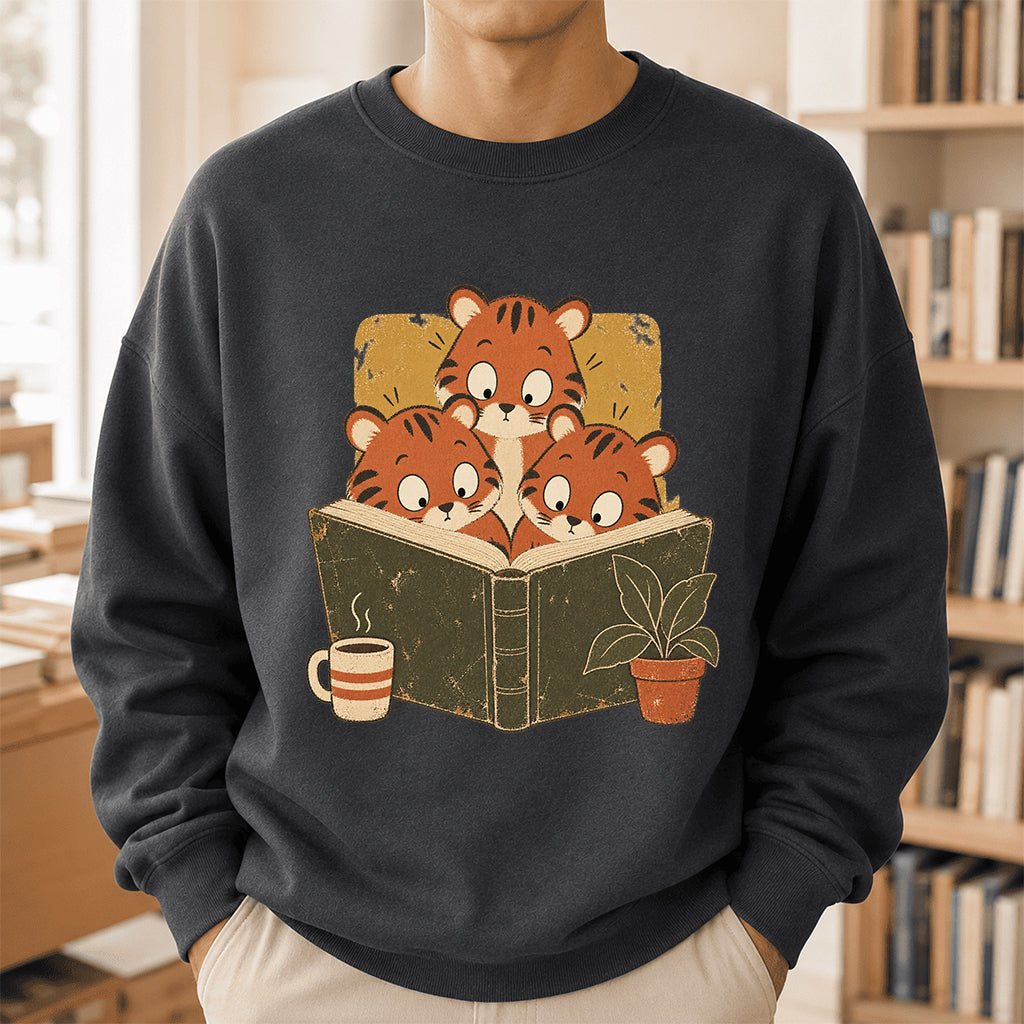 Minimal Japanese Tigers Reading Crewneck Sweatshirt | Reader Gift Dark Heather