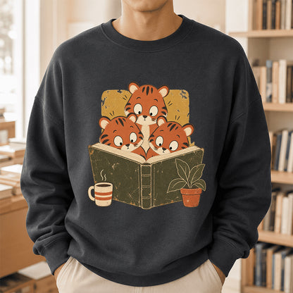 Minimal Japanese Tigers Reading Crewneck Sweatshirt | Reader Gift Dark Heather