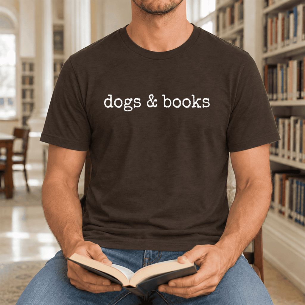 Dogs & Books Ultra-Soft Cotton T-Shirt | Dog Lover & Reader Gift Brown