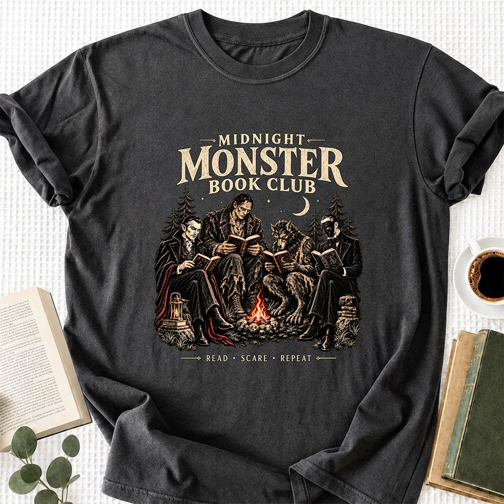 Midnight Monster Book Club Printed T-Shirt | Halloween Book Lover Gift Dark Heather