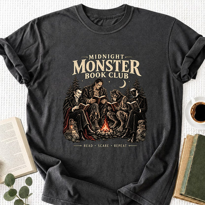 Midnight Monster Book Club Printed T-Shirt | Halloween Book Lover Gift Dark Heather