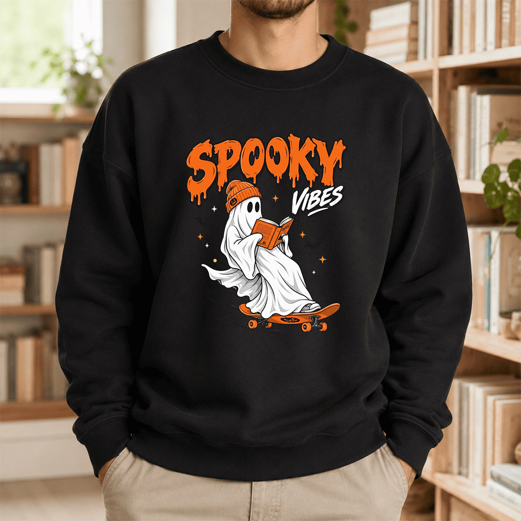Spooky Vibes Printed Sweatshirt | Halloween Reader Gift Black