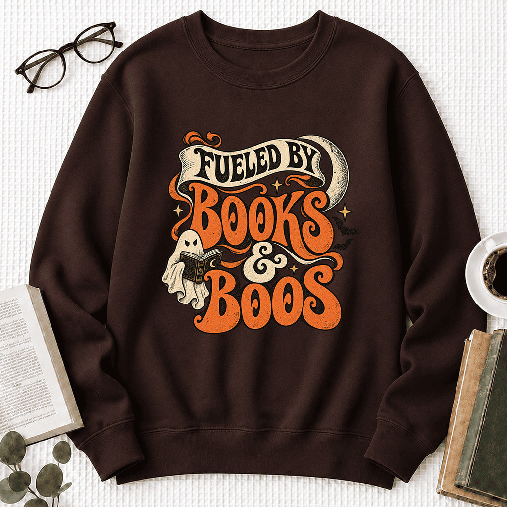 Fueled By Books & Boos Printed Sweatshirt | Halloween Book Lover Gift Dark Chocolate