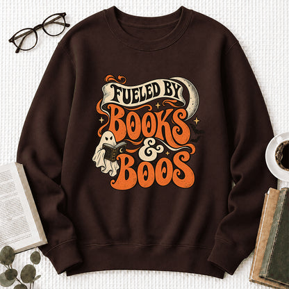 Fueled By Books & Boos Printed Sweatshirt | Halloween Book Lover Gift Dark Chocolate