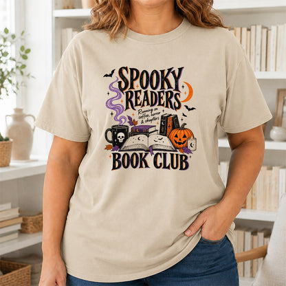 Spooky Readers Book Club Printed T-Shirt | Halloween Book Lover Gift Sand