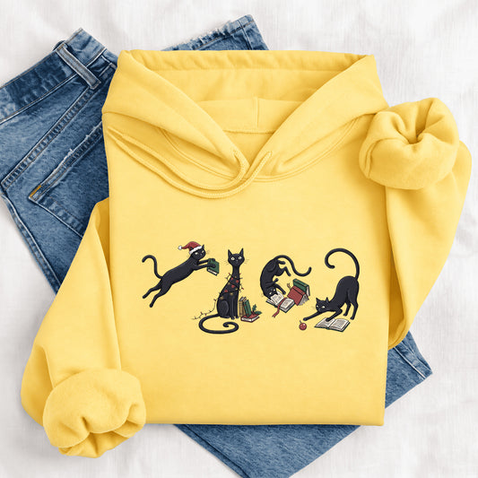 Christmas Reading Cats Softstyle Hoodie | Christmas Gift For Readers Yellow Haze