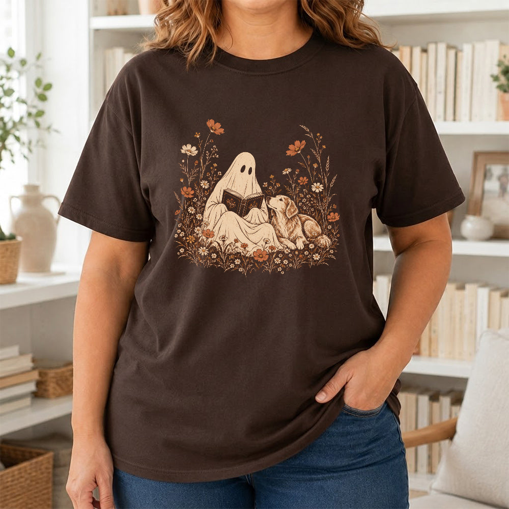 Ghost Wildflowers With Book And Golden Retriever Printed T-Shirt | Halloween Dog Lover Gift Dark Chocolate