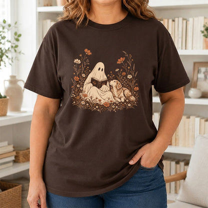 Ghost Wildflowers With Book And Golden Retriever Printed T-Shirt | Halloween Dog Lover Gift Dark Chocolate