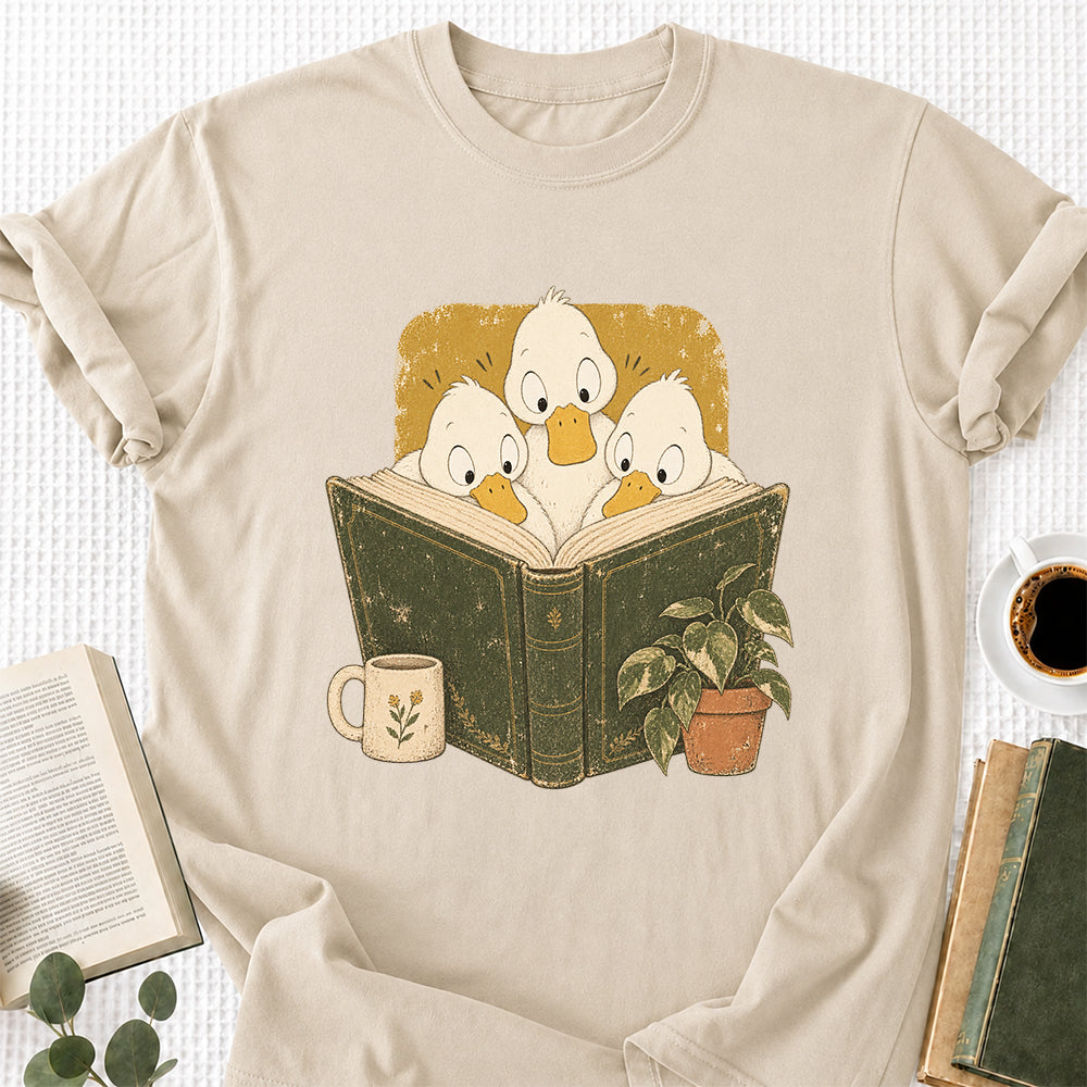Minimal Japanese Ducks Reading Softstyle T-Shirt | Book Lover Gift Sand