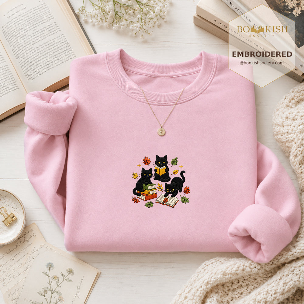 Cat Catching Leaves Embroidered Sweatshirt | Reader Gift Light Pink