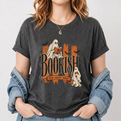 Bookish Read Escape Repeat Printed T-Shirt | Halloween Book Lover Gift Dark Heather