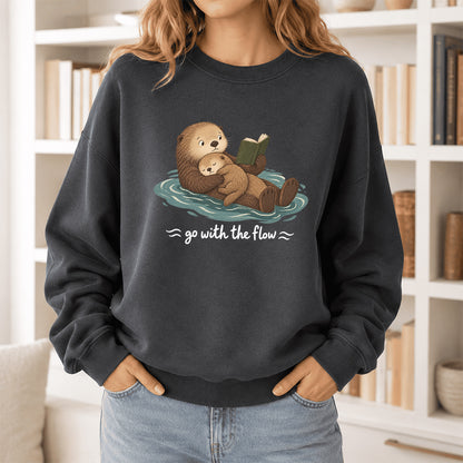 Go With The Flow Otter Reading Crewneck Sweatshirt | Reader Gift Dark Heather