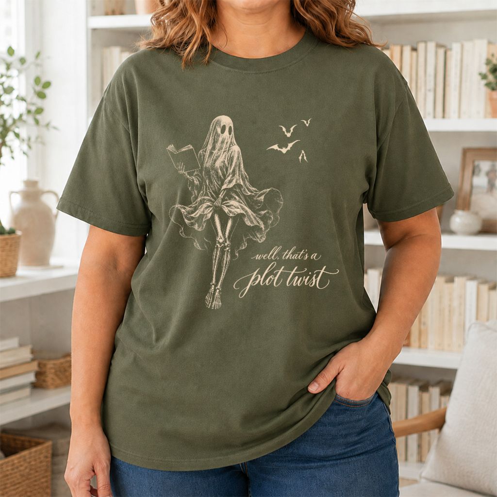 Funny Dress-Wearing Bookworm Ghost Printed T-Shirt | Halloween Book Lover Gift Military Green