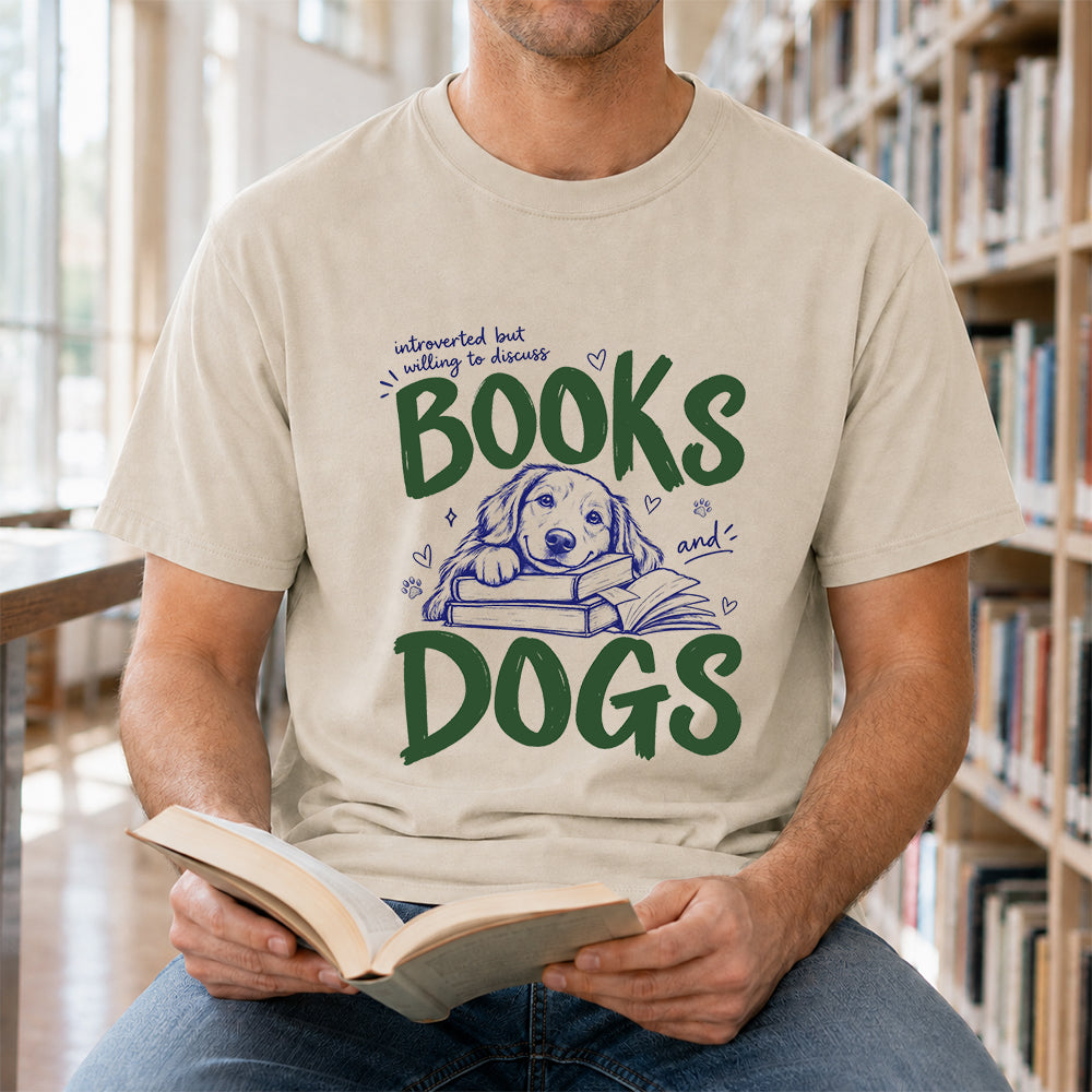 Introverted But Willing To Discuss Books And Dogs Cotton T-Shirt | Dogs Lover & Reader Gift Sand