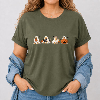 Spooky Golden Retrievers Book Club Printed T-Shirt | Halloween Book Lover Gift Military Green
