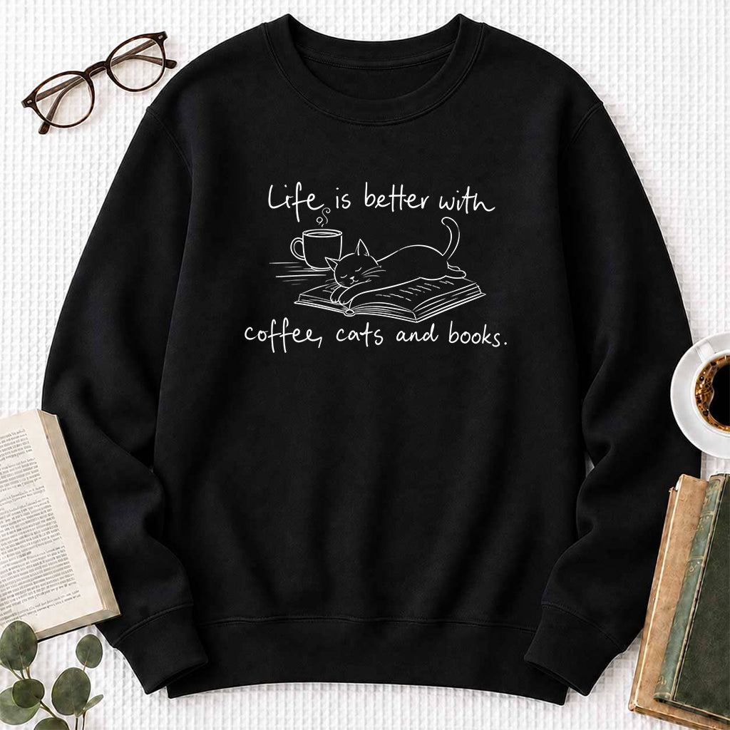 Funny Cats and Books Crewneck Sweatshirt | Reader Gift Black