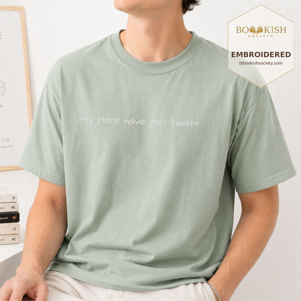 Embroidered My Plans Have Plot Twists Comfort Color® T-shirt Book Lover Gift Bay