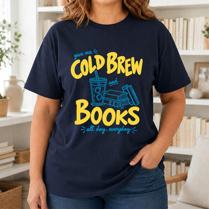 Give Me Cold Brew And Books Softstyle T-Shirt | Book Lover Gift Navy