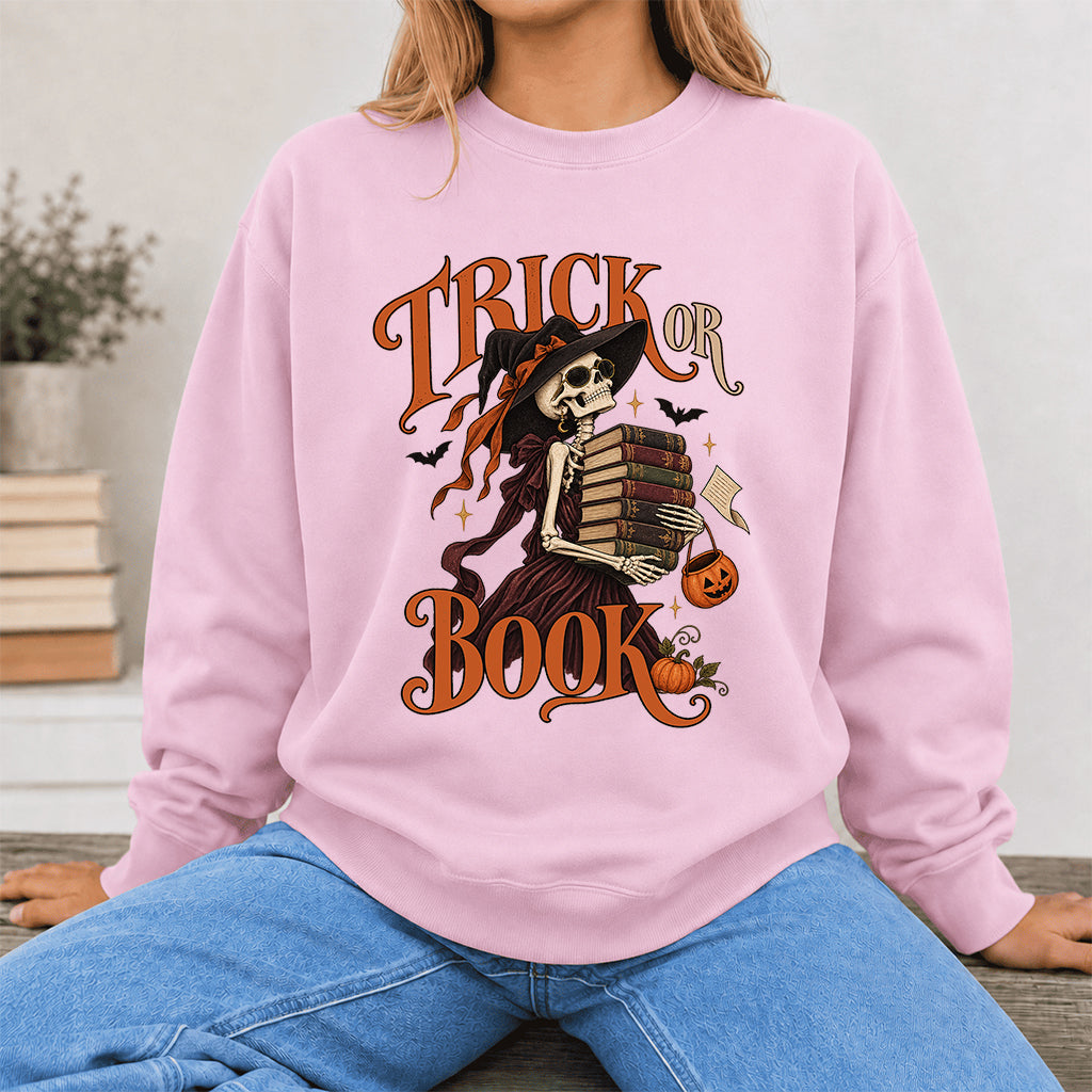 Trick Or Book Printed Sweatshirt | Halloween Book Lover Gift Light Pink