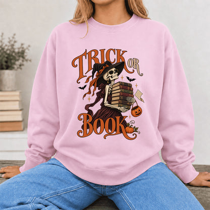 Trick Or Book Printed Sweatshirt | Halloween Book Lover Gift Light Pink