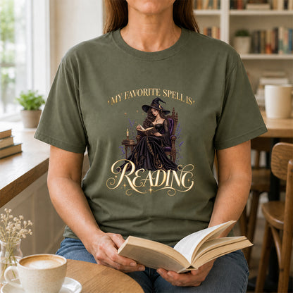 My Favorite Spell Is Reading Printed T-Shirt | Halloween Fantasy Book Lover Gift Military Green