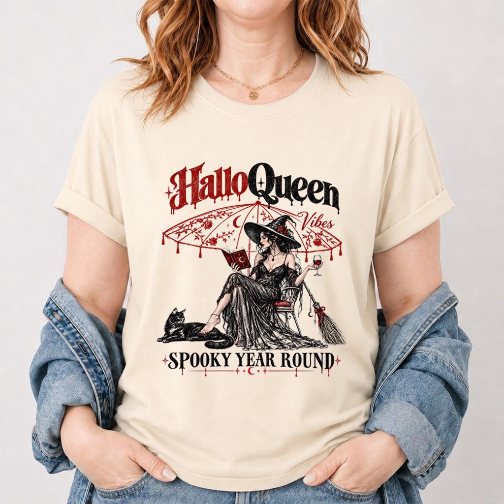 Halloqueen Spooky Year Round Printed T-Shirt | Halloween Book Lover Gift Natural
