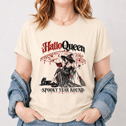 Halloqueen Spooky Year Round Printed T-Shirt | Halloween Book Lover Gift Natural