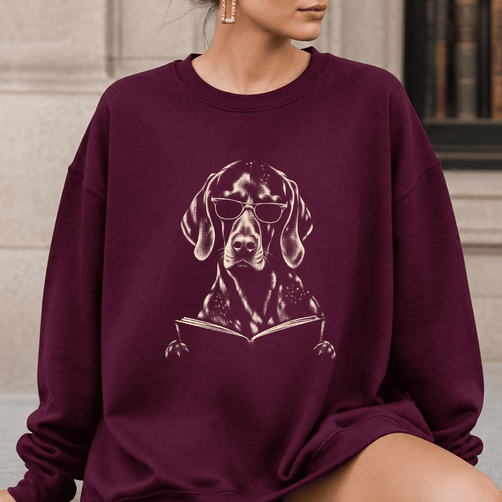 German Shorthaired Pointer Reading Book Crewneck Sweatshirt | Reader Gift Maroon