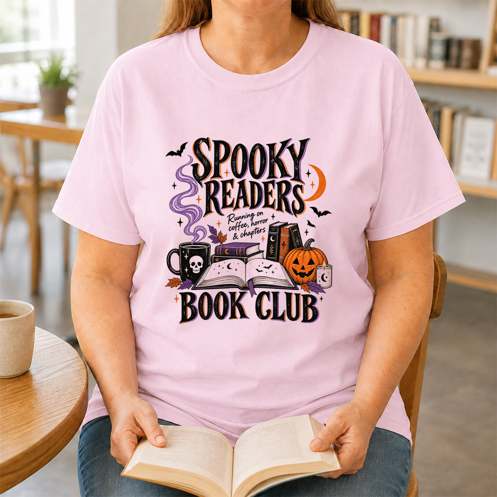 Spooky Readers Book Club Printed T-Shirt | Halloween Book Lover Gift Light Pink