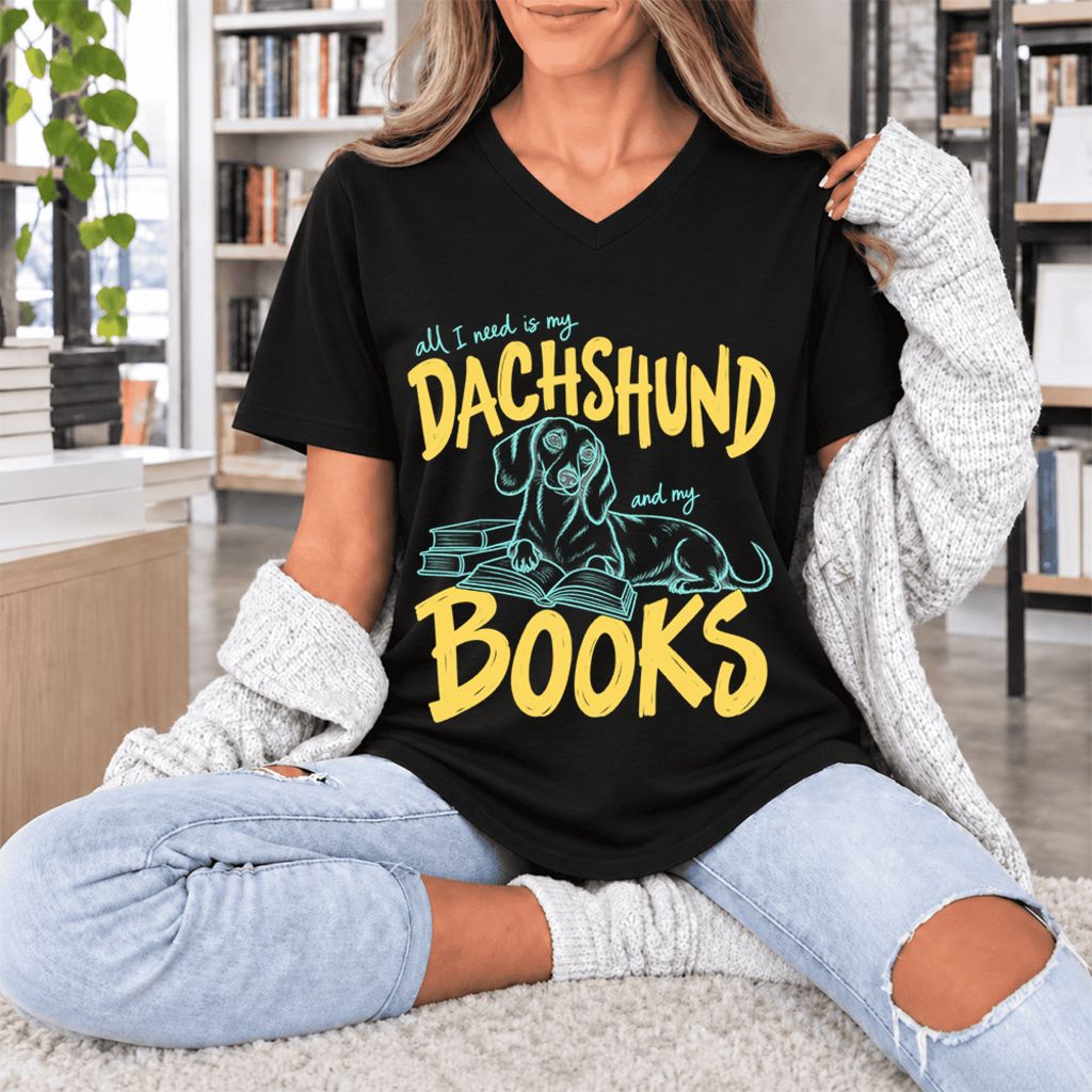 All I Need Is My Dachshund And My Books Ultra-Soft V-Neck | Dog Mom Reader Gift Black