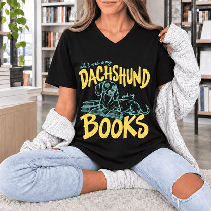 All I Need Is My Dachshund And My Books Ultra-Soft V-Neck | Dog Mom Reader Gift Black