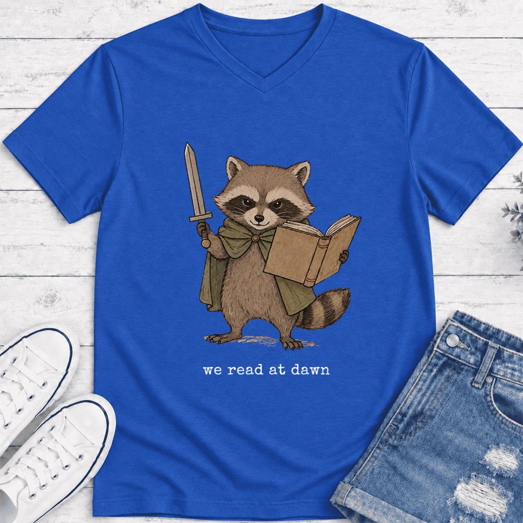 We Read At Dawn Funny Racoon Ultra-Soft V-Neck | Cozy Book Lover Gift True Royal