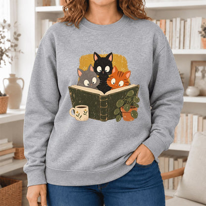 Curious Reading Cats Softstyle Sweatshirt | Cozy Book Lover Gift Sport Grey